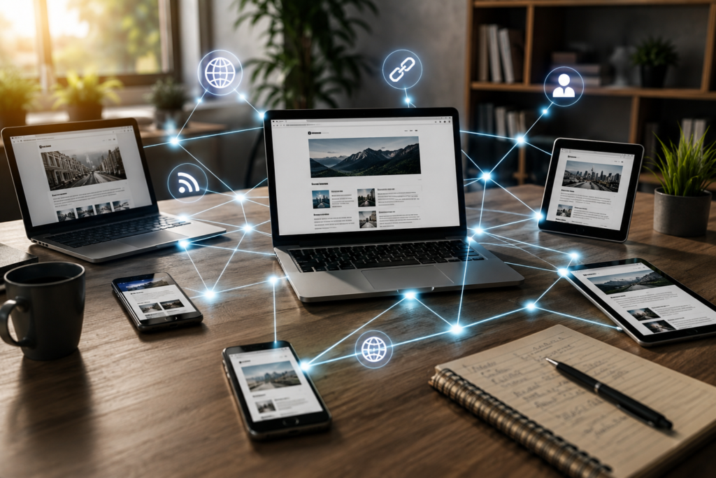 How to Improve Google Search Ranking Multiple laptops, smartphones, and tablets connected through glowing lines across a workspace, illustrating website authority, internal linking, and digital presence